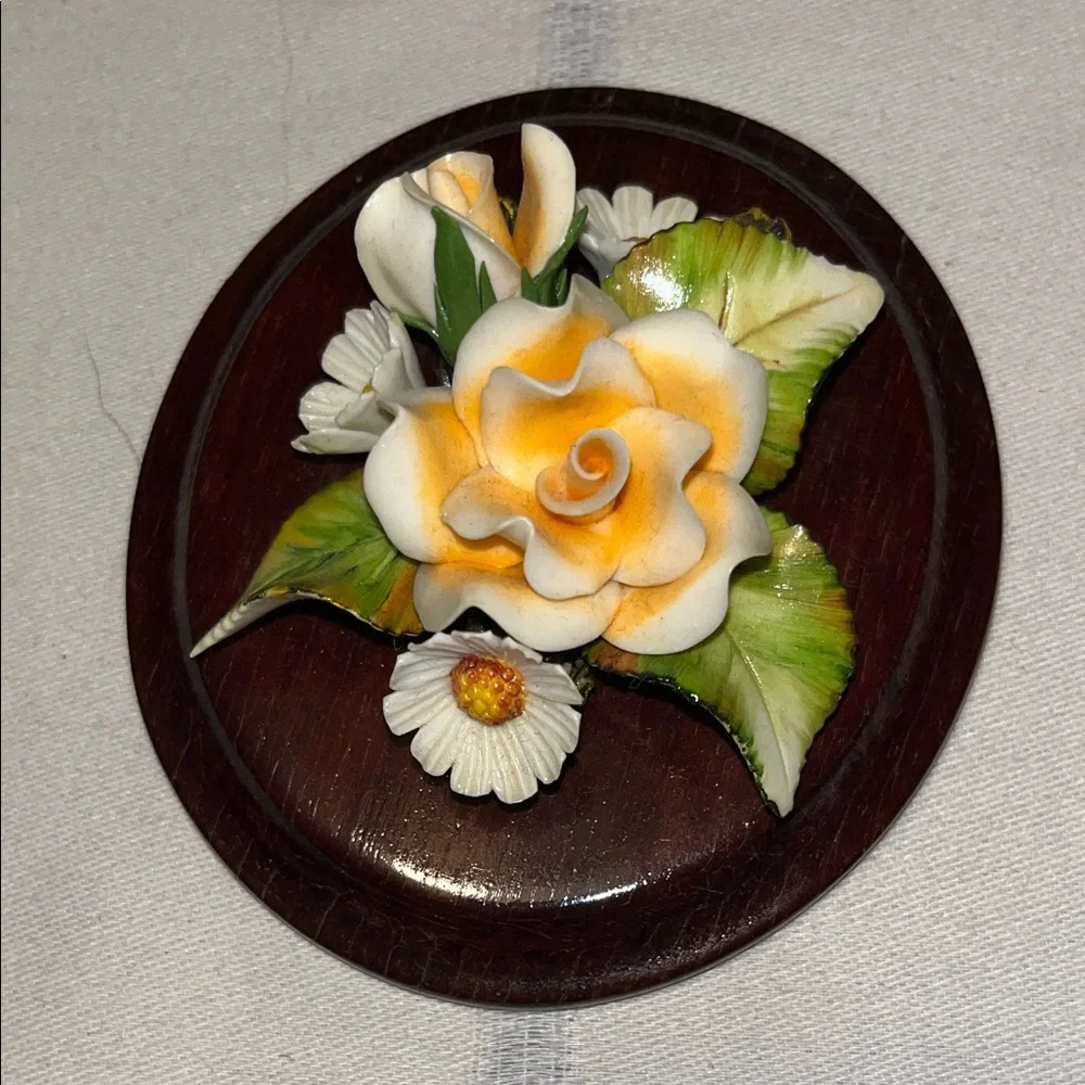 Vintage Handmade Collector Floral Porcelain Hang Wall Decoration On Wood Base